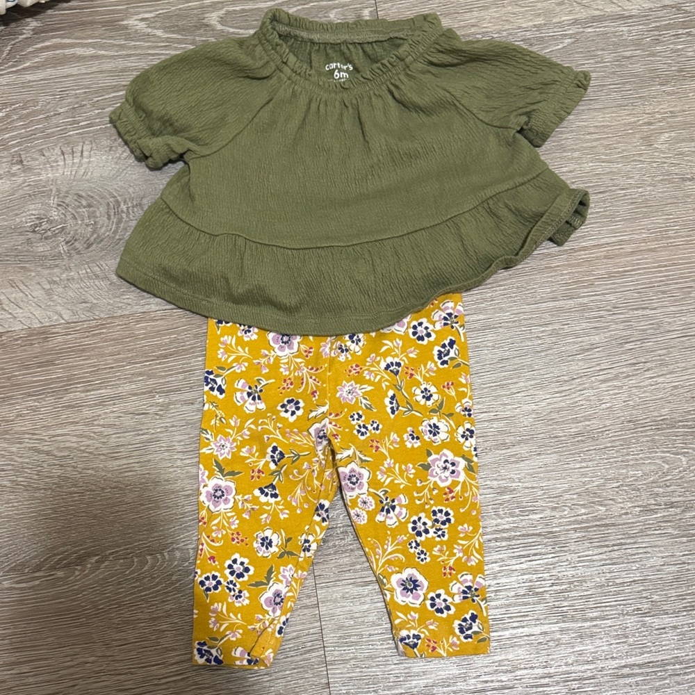 Carter's Olive Top and Mustard Floral Leggings Set